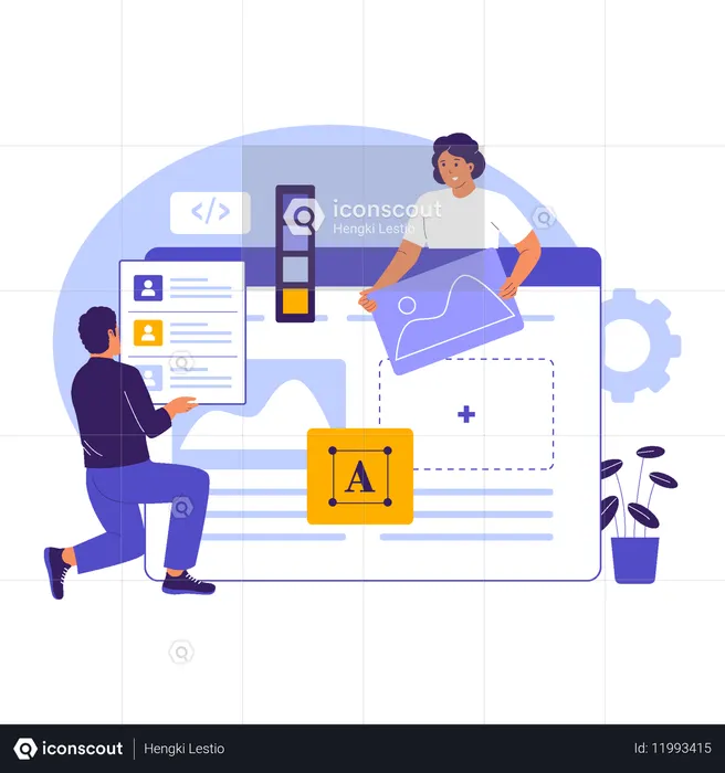 WebデザインのためのUI UXインターフェースビルダーに取り組むデザイナー  イラスト