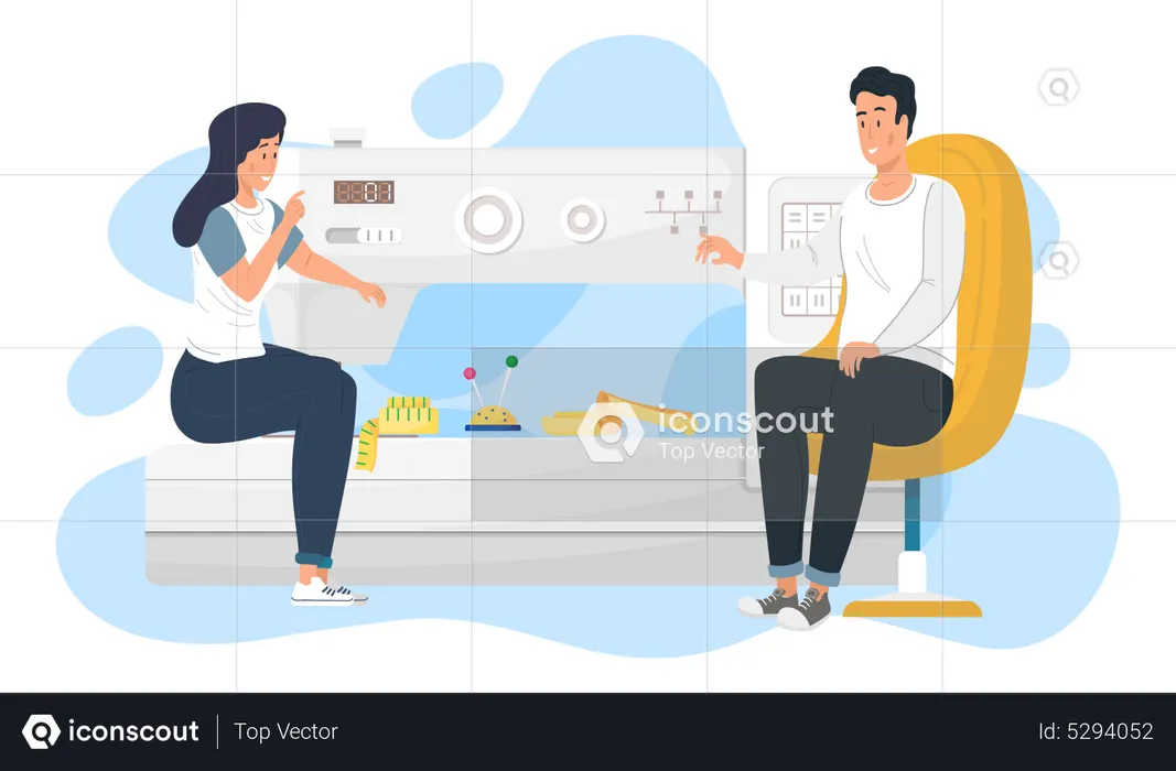 Designers communicates while working with sewing machine  Illustration