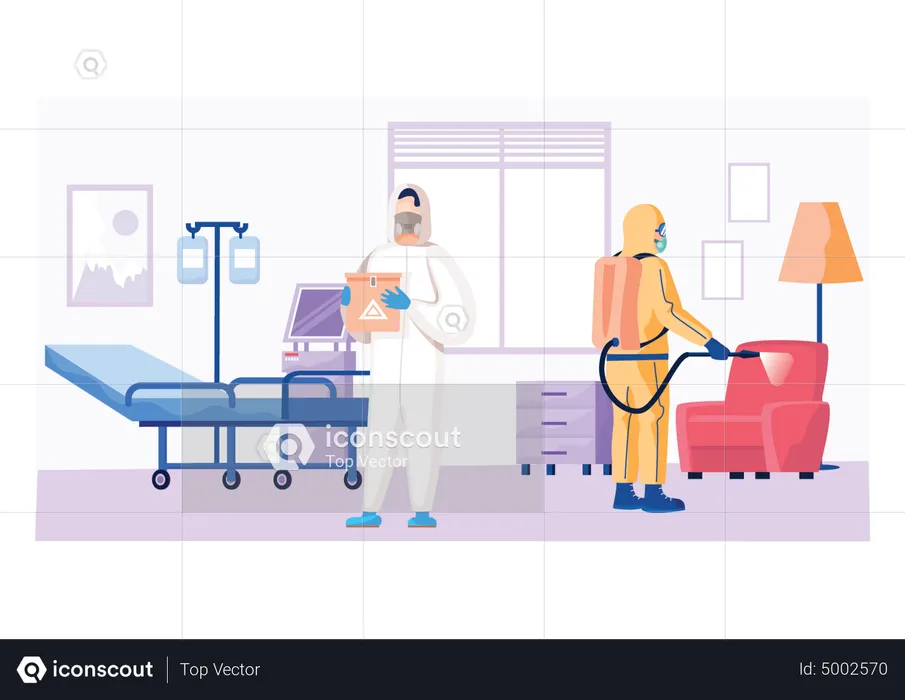 Des désinfectants désinfectent la chambre d'hôpital  Illustration