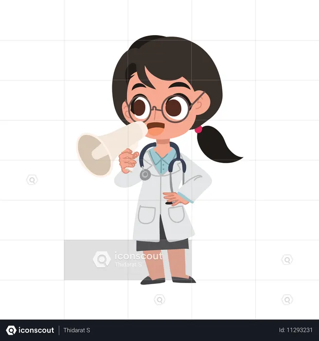 Dessin animé mignon de femme médecin avec mégaphone faisant une annonce à l'hôpital  Illustration