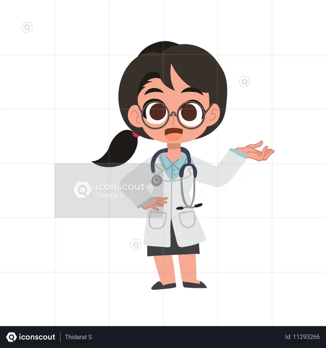 Dessin animé mignon de femme médecin accueillant avec un geste de la main en uniforme médical  Illustration