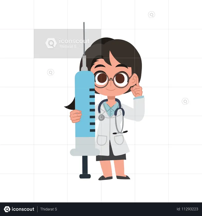 Dessin animé mignon de femme médecin tenant un vaccin  Illustration