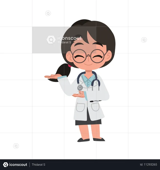 Dessin animé mignon de femme médecin accueillant avec un geste de la main en uniforme médical  Illustration