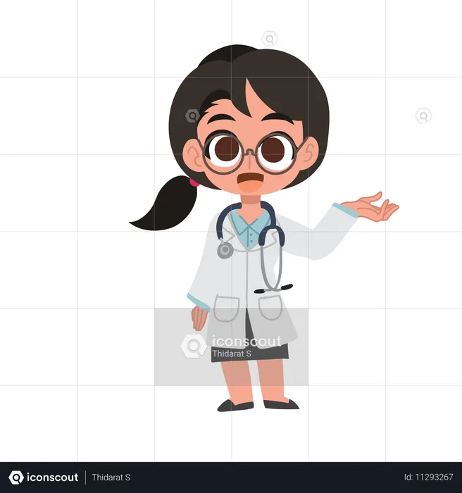 Dessin animé mignon de femme médecin accueillant avec un geste de la main en uniforme médical  Illustration