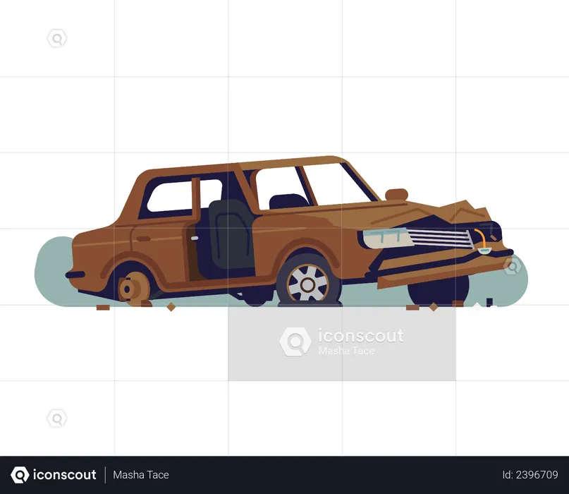 Destroços de um carro velho e enferrujado abandonado com porta arrancada  Ilustração