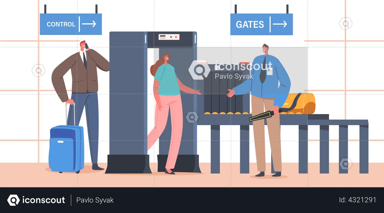 Détecteur de métaux au point de contrôle du terminal de l'aéroport avec personnages et bagages des voyageurs  Illustration