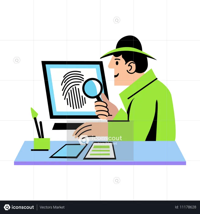 Detective doing fingerprint analysis  Illustration