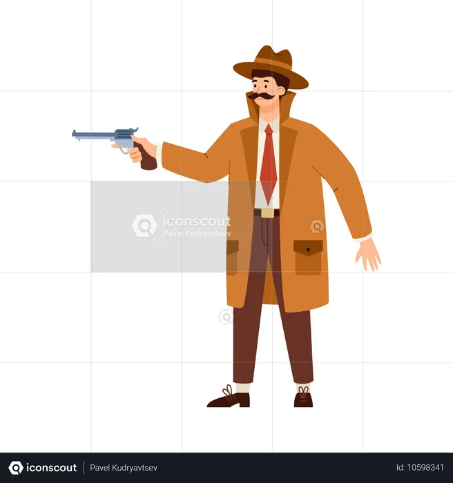 Detective in hat aiming with gun  Illustration