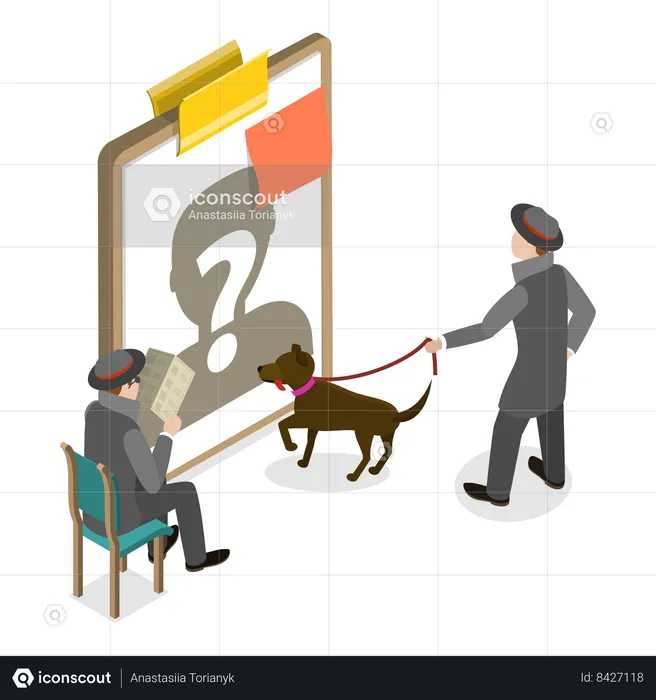 Detective with dog making plans to find suspect  Illustration