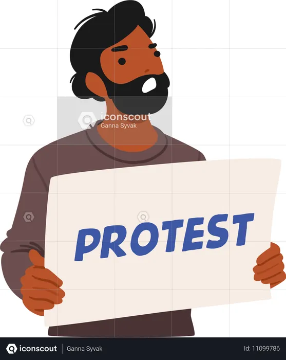 Manifestante masculino determinado segura cartaz em branco  Ilustração