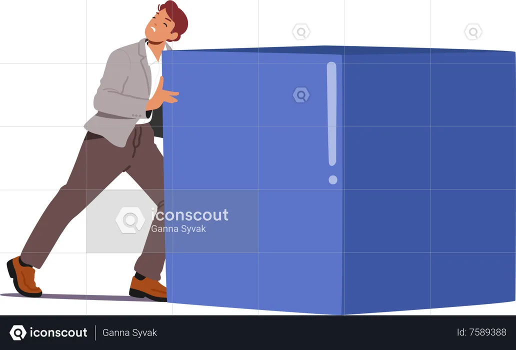 Determined Business Man Character Pushing A Huge Cube Figure  Illustration