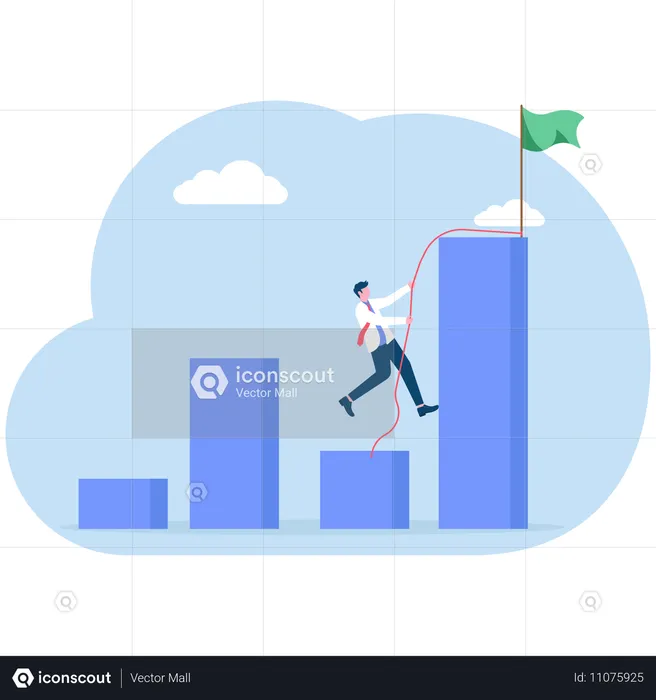 Determined businessman climbing rope to top of highest bar graph  Illustration