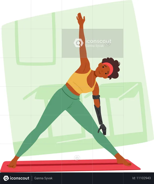 Determined Female Athlete With Prosthetic Arm Practices Yoga In Gym  Illustration