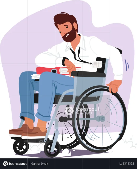 Determined Male In Wheelchair Loaded With Papers And Folders  Illustration