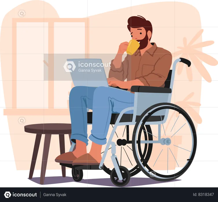 Determined Man In Wheelchair Expertly Operates A Laptop. Disabled Male Character Showcasing Resilience  Illustration