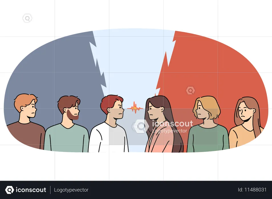 결의에 찬 남자와 여자가 눈을 마주치며 서 있다  일러스트레이션