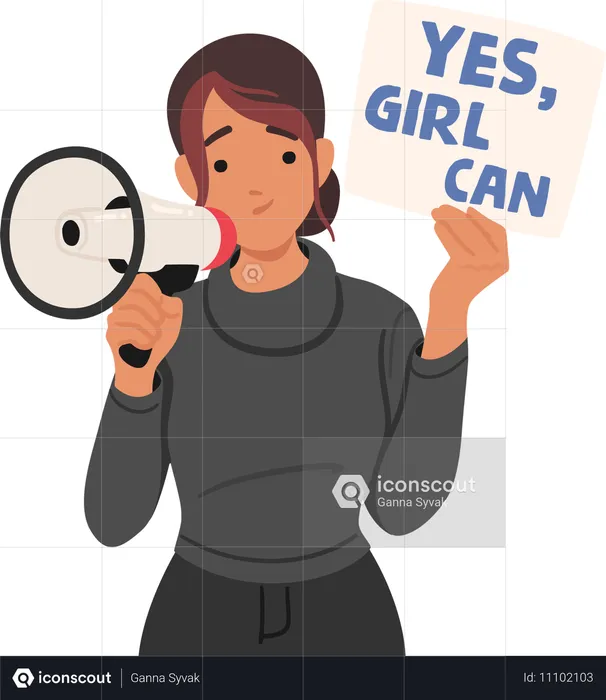 メガホンを持ち、「Yes Girl Can」のサインを掲げる決意の女性  イラスト