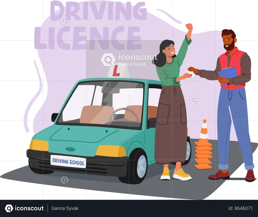 Determined Woman Successfully Obtains Her Driving License After Skillfully Demonstrating Her Abilities  Illustration