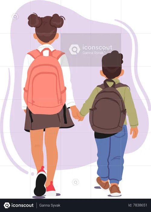 Deux enfants avec des sacs à dos marchant main dans la main vers l'école  Illustration