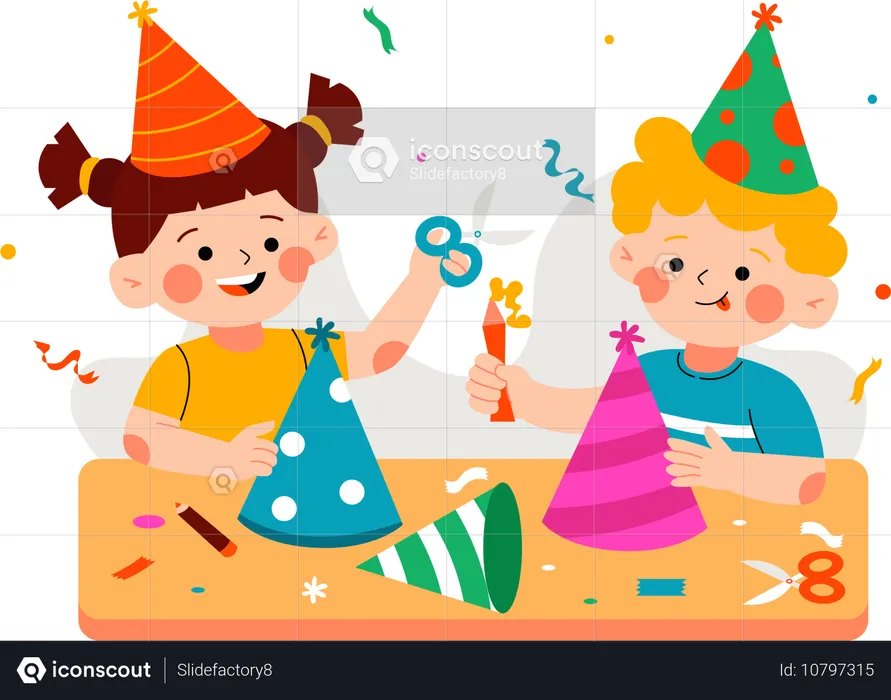 Deux enfants fabriquent des chapeaux de fête  Illustration