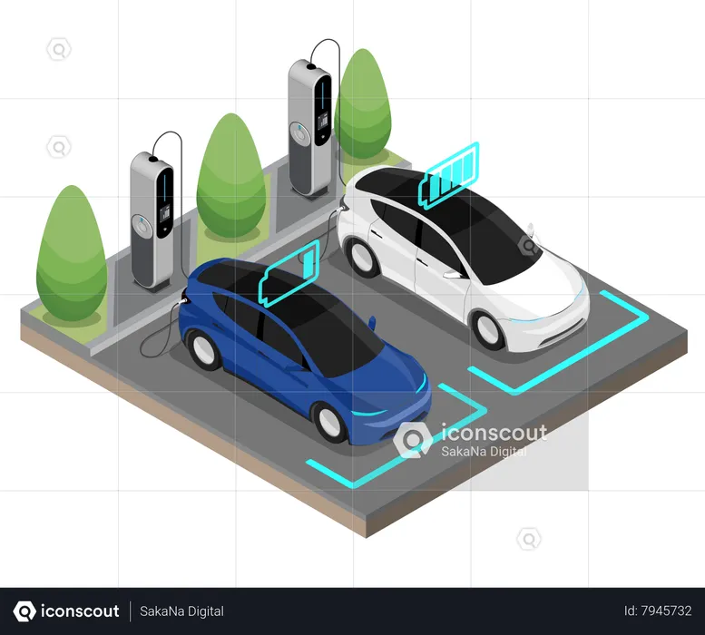 Arrêt de voiture électrique EV à la station de recharge  Illustration