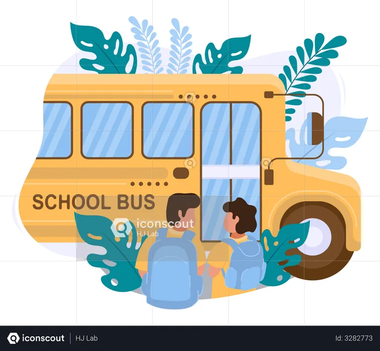 Deux garçons vont à l'école en bus scolaire  Illustration