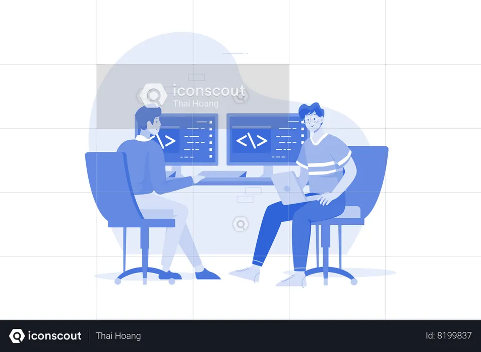 Deux gars écrivent du code pour une application ou un site Web  Illustration