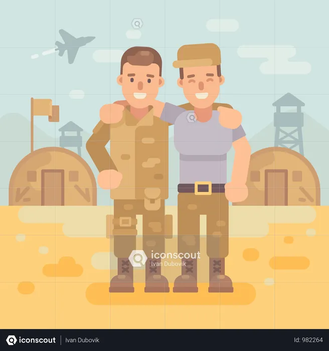 Deux amis soldats heureux dans une illustration plate de camp militaire avec fond de scène de l'armée  Illustration