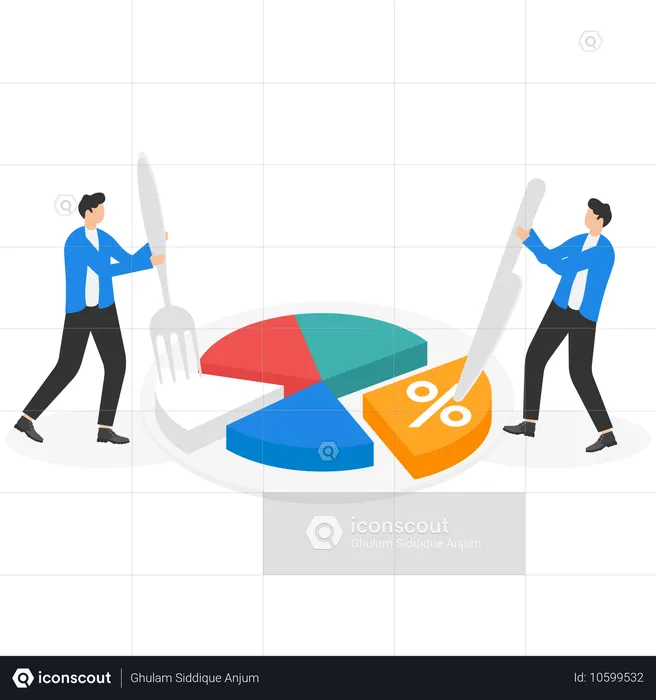 Deux hommes font un diagramme circulaire à l'aide d'un couteau et d'une fourchette  Illustration