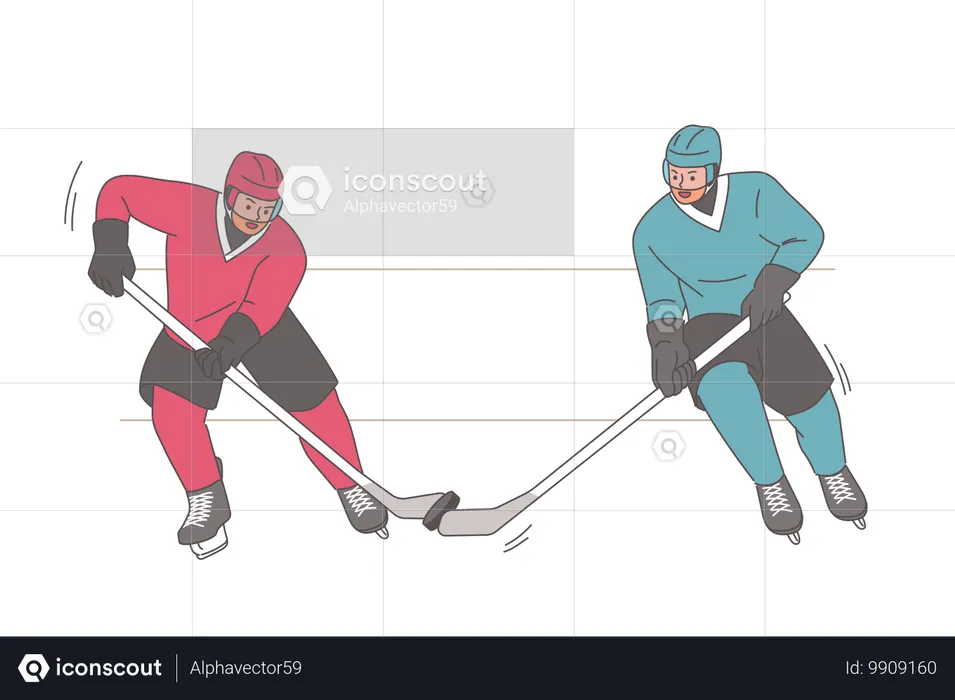 Deux hommes jouent au hockey et tentent de prendre la rondelle de l'adversaire avec un bâton et de marquer un but  Illustration