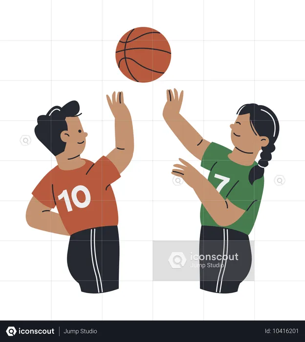 Deux joueurs de basket-ball se rapprochent pour attraper un ballon de basket  Illustration