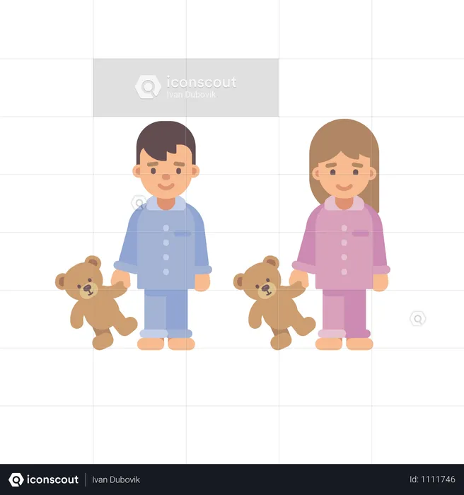 Deux petits enfants mignons en pyjama tenant des ours en peluche  Illustration