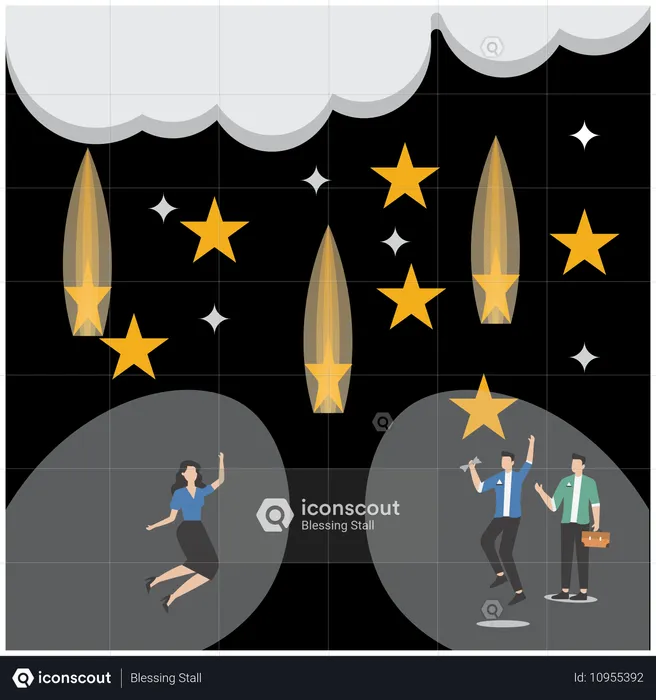 Deux professionnels attrapant des étoiles filantes, symbolisant la saisie d'opportunités commerciales  Illustration