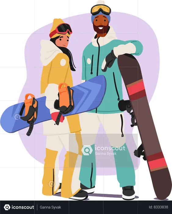 Deux snowboarders prennent des poses dynamiques  Illustration