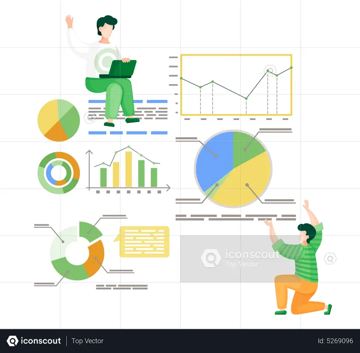 Deux travailleurs analysant des statistiques sur des tableaux blancs, des graphiques, des diagrammes, des graphiques, des diagrammes circulaires, des données  Illustration