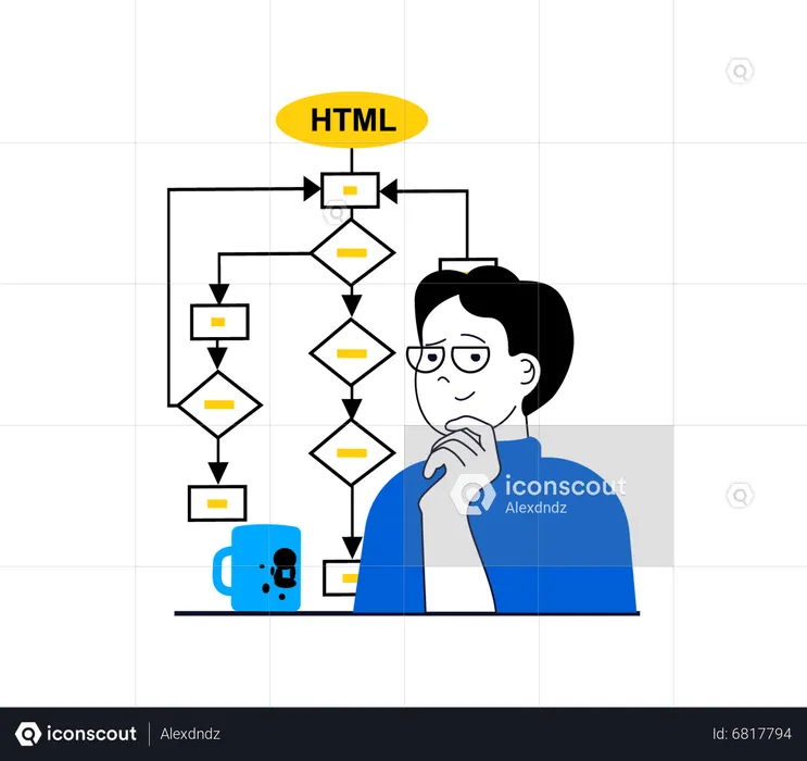 Developer creating HTML algorithm chart  Illustration