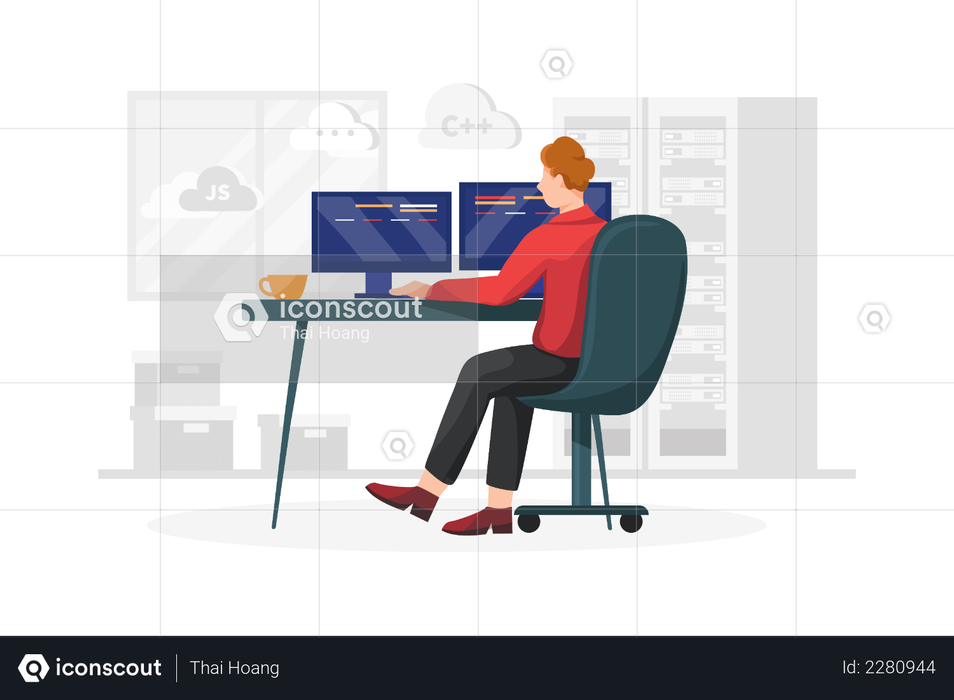 Premium Developer doing coding watching two display Illustration ...