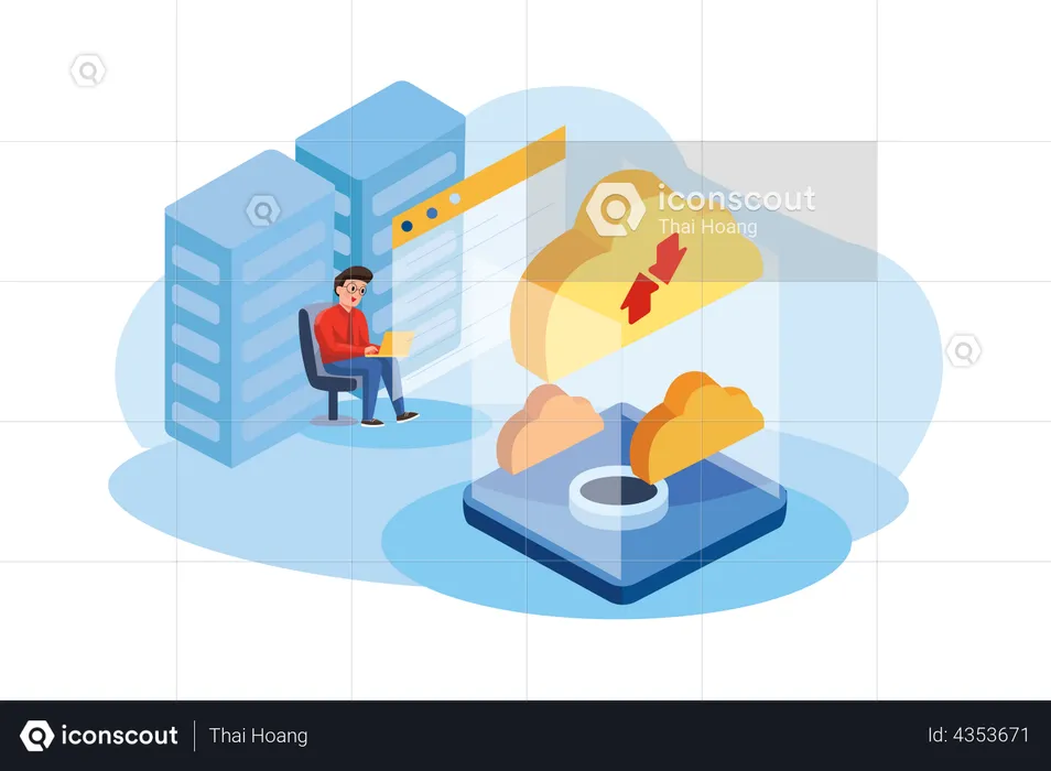 Developer maintaining cloud server system  Illustration