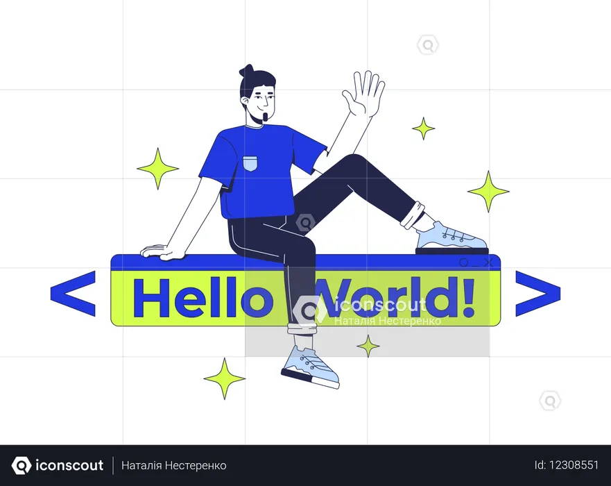 Developer over hello world text banner  Illustration