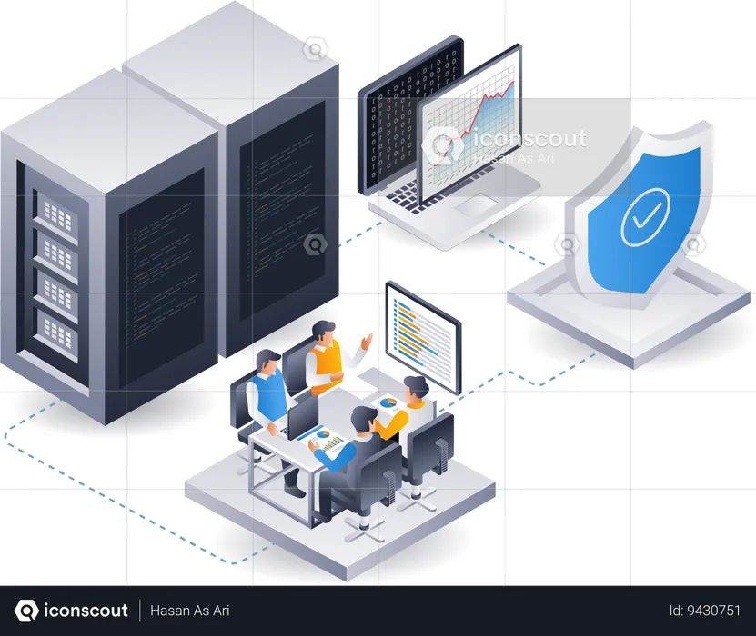 Developer team analyzing cloud server security data  Illustration