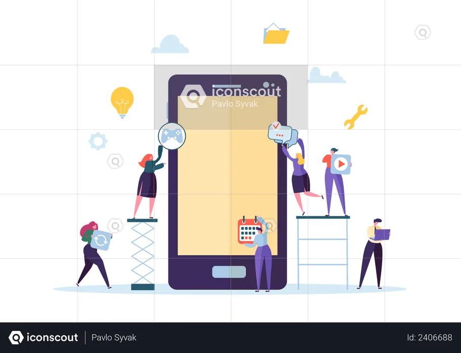 Developer team building mobile application  Illustration