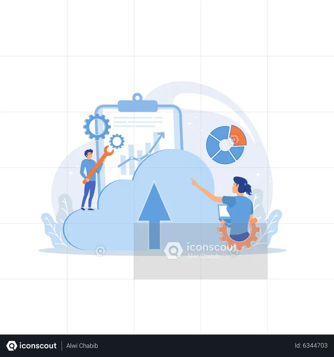 Developer working on laptop with cloud data  Illustration