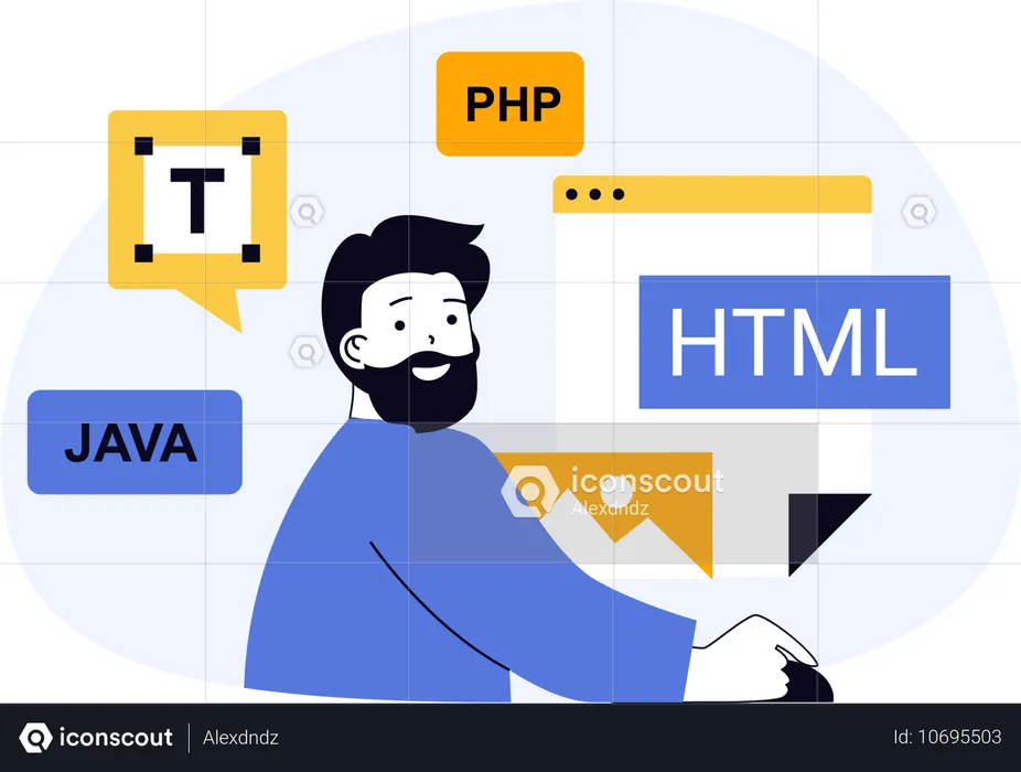 Developer works on different programming languages  Illustration