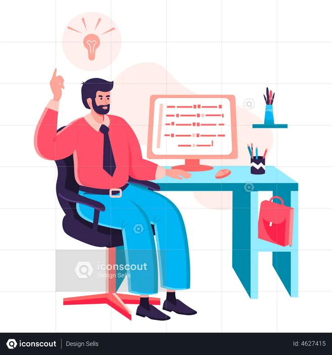 Developer writes code on computer sitting at desk  Illustration