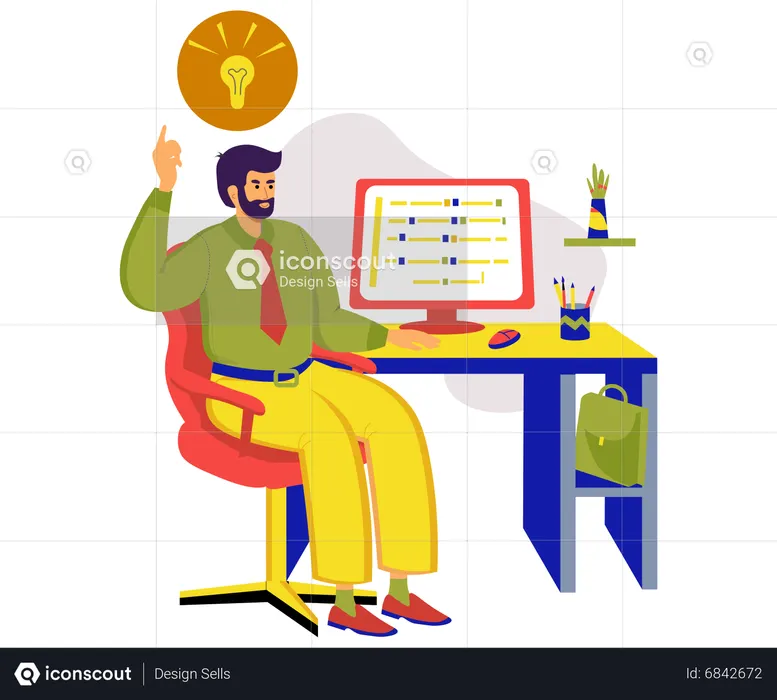 Developer writes code on computer sitting at desk  Illustration