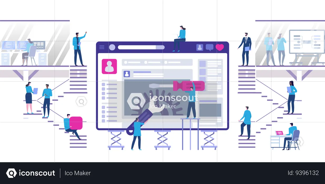 Developers building mobile apps and working together on a user interface  Illustration