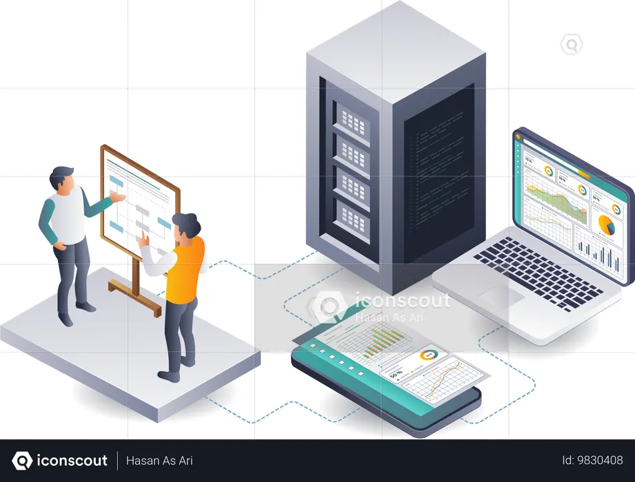 Developers discussing analytics data from cloud servers  Illustration