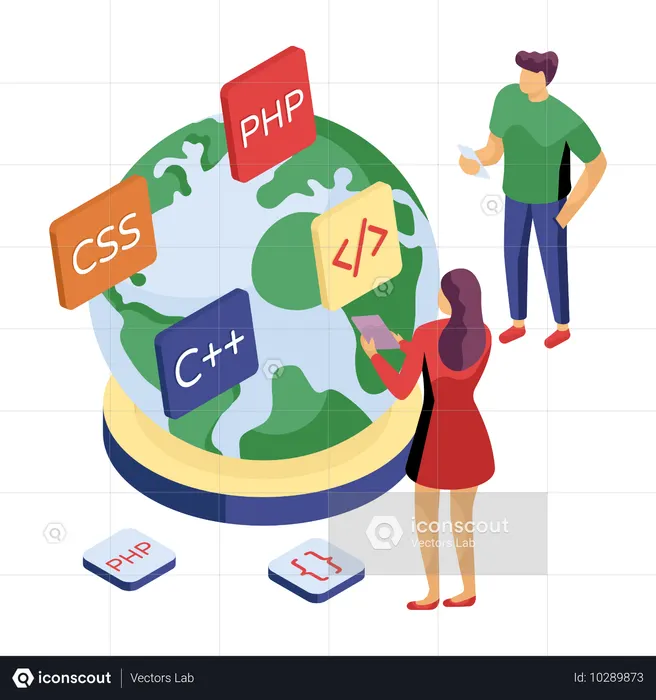 Developers implementing different programming languages  Illustration