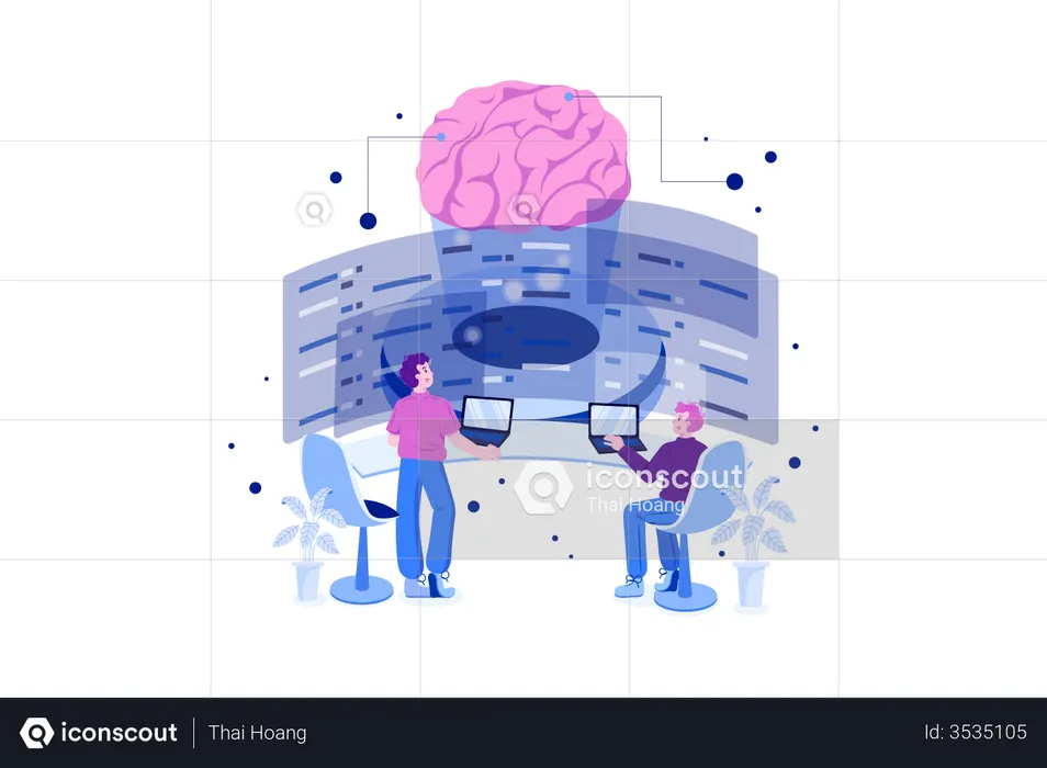 Developers programming artificial intelligent brain  Illustration
