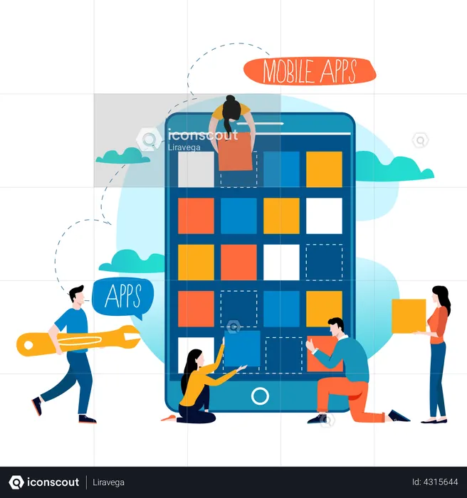 Developers working on smartphone interface  Illustration